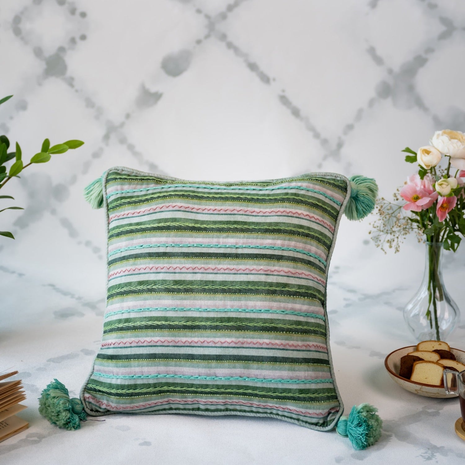 Whimsy Stripes embroidered cushion cover