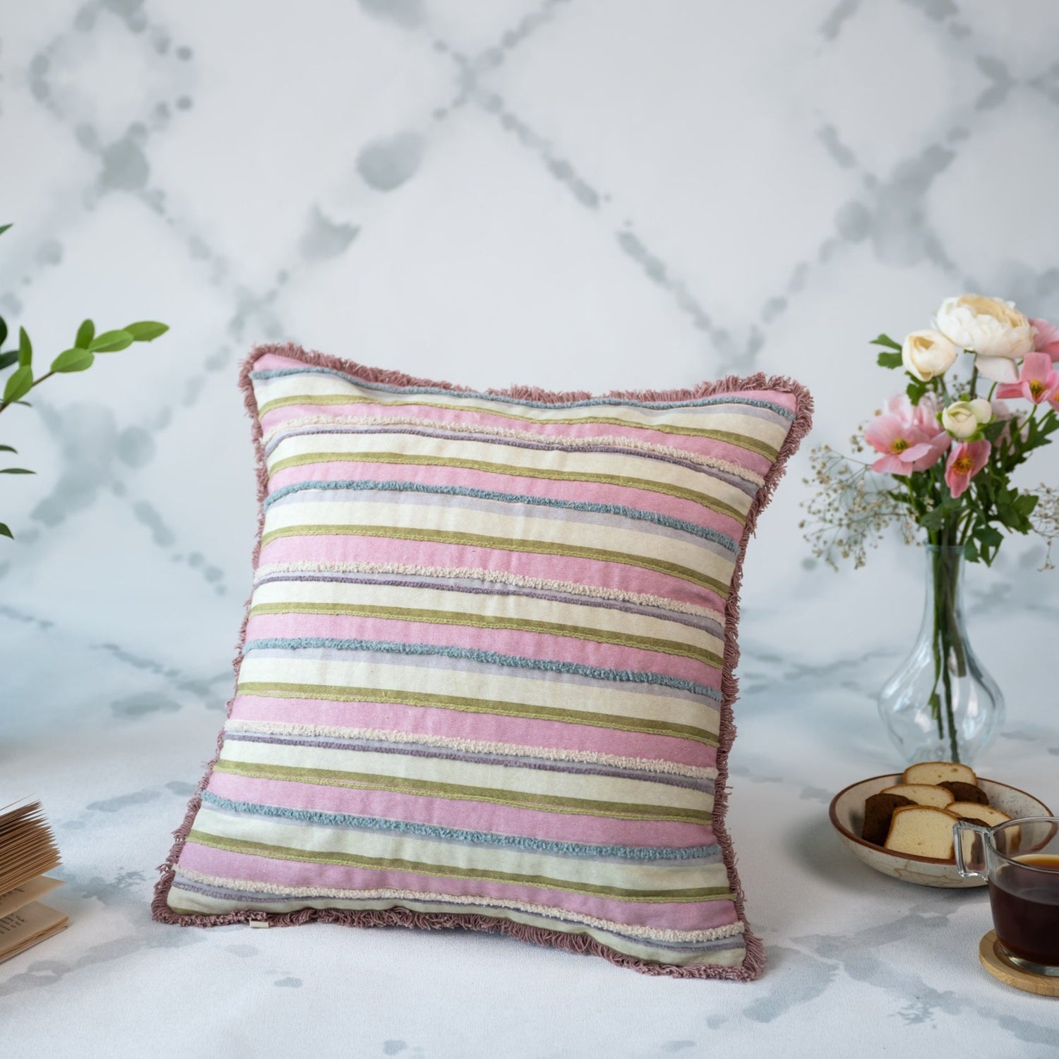 Stripy Pastels embroidered cushion cover