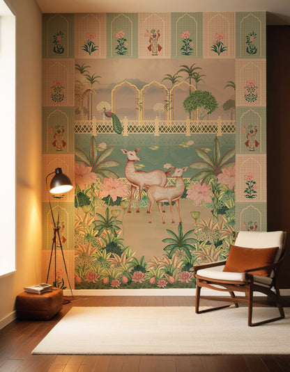 Tropical Harmony wallpaper with deers and Pichwai Design