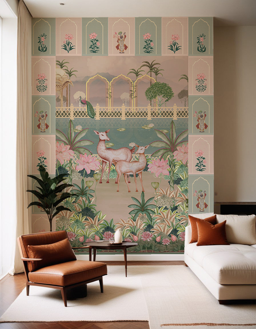 Tropical Harmony wallpaper with deers and Pichwai Design