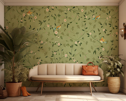 Beyond the Foliage Wallpaper with elegant branches and birds