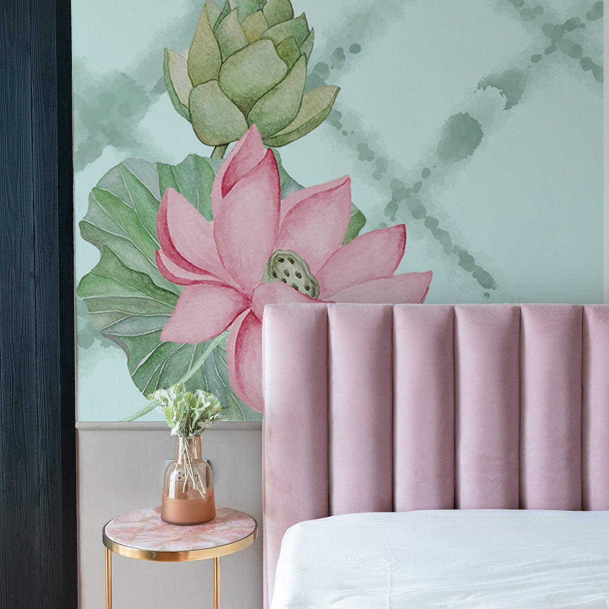 Aqua Bloom Lotus and geometric wallpaper