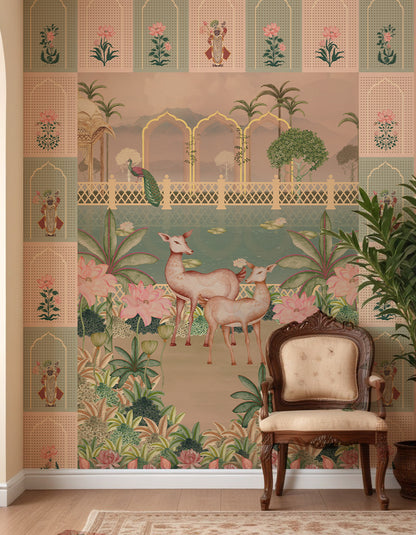 Tropical Harmony wallpaper with deers and Pichwai Design